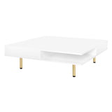 English Elm Exquisite High Gloss Coffee Table With 4 Golden Legs and 2 Small Drawers, 2-Tier Square Center Table For Living Room, White