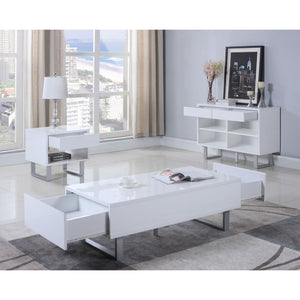 English Elm High Glossy White Modern 1-Drawer End Table with Brushed Nickel U-Legs, Minimalist Gloss Finish, 22"H B062P153594