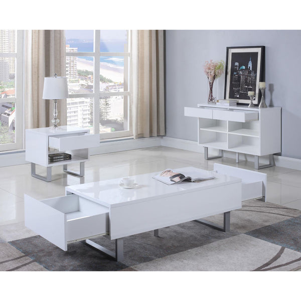 English Elm High Glossy White Modern 1-Drawer End Table with Brushed Nickel U-Legs, Minimalist Gloss Finish, 22"H B062P153594