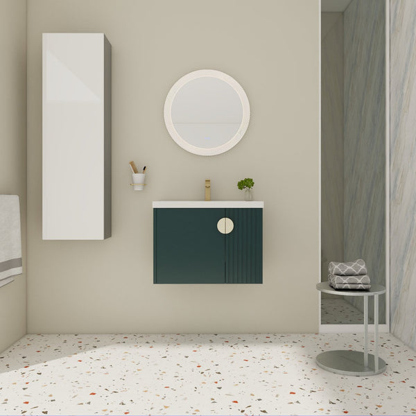English Elm 28 Inch Wall-Mounted Bathroom Vanity with Ceramic Sink, Wave Dual Doors, Soft-Close Hinges, Durable Finish Green W999P146023