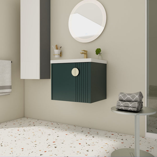 English Elm 24 Inch Wall-Mounted Vanity with Ceramic Sink, Wave Door Accent, Soft-Close Hinges, Eco Plywood Durable Finish Green W999P146018