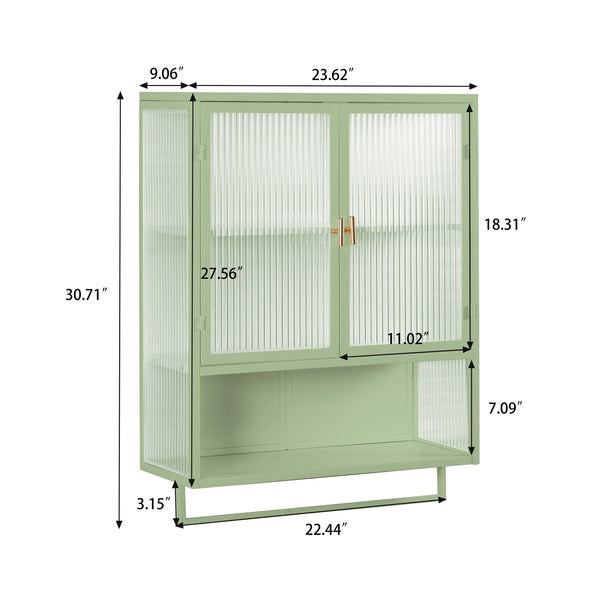 English Elm 23.62"Glass Two-Door Wall Cabinet with Fluted Tempered Glass, Open Shelf, Towel Rack, Modern Storage Green W757143037