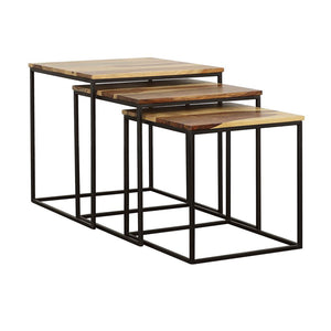 English Elm Natural Natural and Black 3-piece Nesting Table Set – Sheesham Wood Tops with Black Metal Bases, Space-Saving Rustic Chic B062P153608