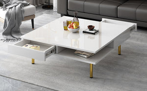 English Elm On-trend Gloss White Square Coffee Table Gold Legs Hidden Drawers Open Shelf Living Room WF315490AAK