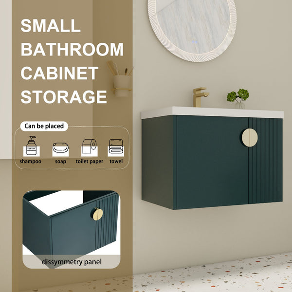 English Elm 28 Inch Wall-Mounted Bathroom Vanity with Ceramic Sink, Wave Dual Doors, Soft-Close Hinges, Durable Finish Green W999P146023