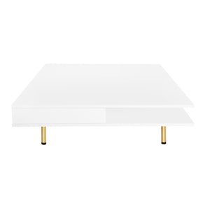 English Elm On-trend Gloss White Square Coffee Table Gold Legs Hidden Drawers Open Shelf Living Room WF315490AAK