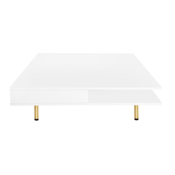 English Elm On-trend Gloss White Square Coffee Table Gold Legs Hidden Drawers Open Shelf Living Room WF315490AAK