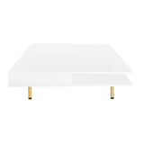 English Elm Exquisite High Gloss Coffee Table With 4 Golden Legs and 2 Small Drawers, 2-Tier Square Center Table For Living Room, White