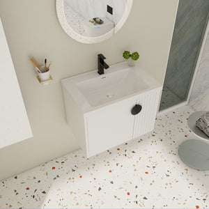 English Elm 28 Inch Wall-Mounted Bathroom Vanity with Ceramic Sink, Wave Dual Doors, Soft-Close Hinges, Durable Finish White W999P146019