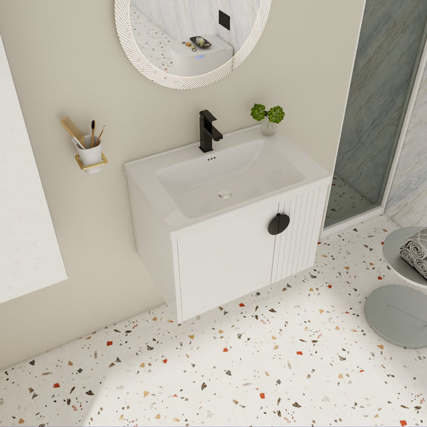 English Elm 28 Inch Wall-Mounted Bathroom Vanity with Ceramic Sink, Wave Dual Doors, Soft-Close Hinges, Durable Finish White W999P146019