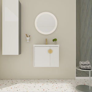 English Elm 24 Inch Wall-Mounted Vanity with Ceramic Sink, Wave Door Accent, Soft-Close Hinges, Eco Plywood Durable Finish White W999P146015