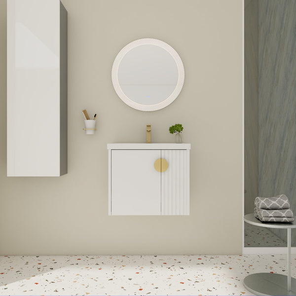 English Elm 24 Inch Wall-Mounted Vanity with Ceramic Sink, Wave Door Accent, Soft-Close Hinges, Eco Plywood Durable Finish White W999P146015