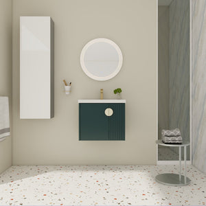English Elm 24 Inch Wall-Mounted Vanity with Ceramic Sink, Wave Door Accent, Soft-Close Hinges, Eco Plywood Durable Finish Green W999P146018