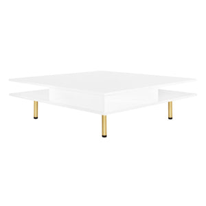 English Elm On-trend Gloss White Square Coffee Table Gold Legs Hidden Drawers Open Shelf Living Room WF315490AAK