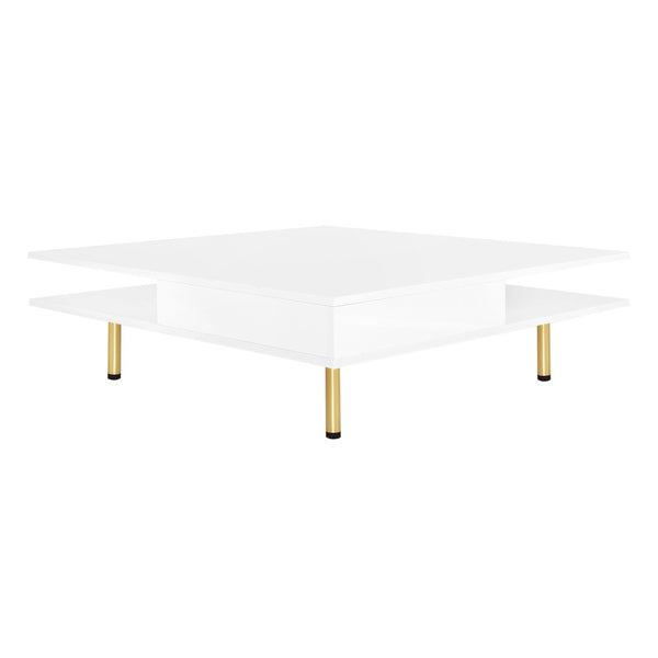 English Elm On-trend Gloss White Square Coffee Table Gold Legs Hidden Drawers Open Shelf Living Room WF315490AAK
