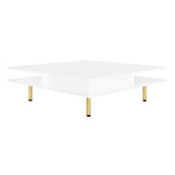 English Elm Exquisite High Gloss Coffee Table With 4 Golden Legs and 2 Small Drawers, 2-Tier Square Center Table For Living Room, White