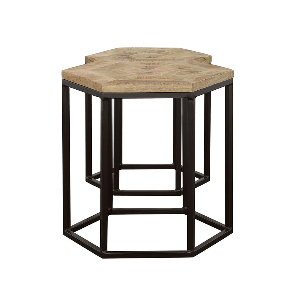 English Elm Natural Hexagon Nesting Tables Set of 2 - Mango Wood Inlay Tops with Black Iron Bases, Rustic Industrial Charm B062P153599