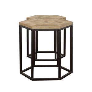 English Elm Natural Hexagon Nesting Tables Set of 2 - Mango Wood Inlay Tops with Black Iron Bases, Rustic Industrial Charm B062P153599
