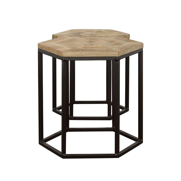 English Elm Natural Hexagon Nesting Tables Set of 2 - Mango Wood Inlay Tops with Black Iron Bases, Rustic Industrial Charm B062P153599