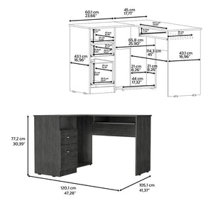 English Elm L-Shaped Desk With Keyboard Tray, Two Drawers & Open Shelf - Stylish Smokey Oak Corner Workspace B097133037