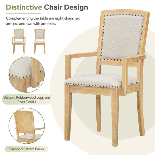 English Elm TOPMAX Rustic Extendable Dining Set with 84" Table and 24" Leaf, 9-Piece Wood Frame, Upholstered Chairs Natural+Grey SP000038AAD