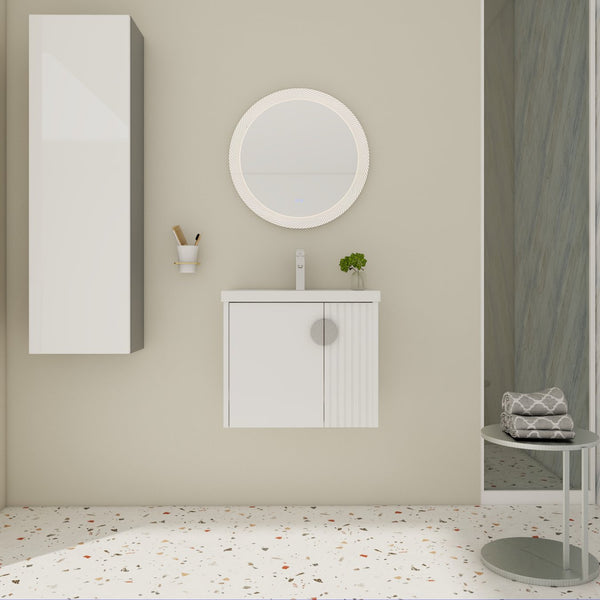 English Elm 24 Inch Wall-Mounted Vanity with Ceramic Sink, Wave Door Accent, Soft-Close Hinges, Eco Plywood Durable Finish White W999P146015