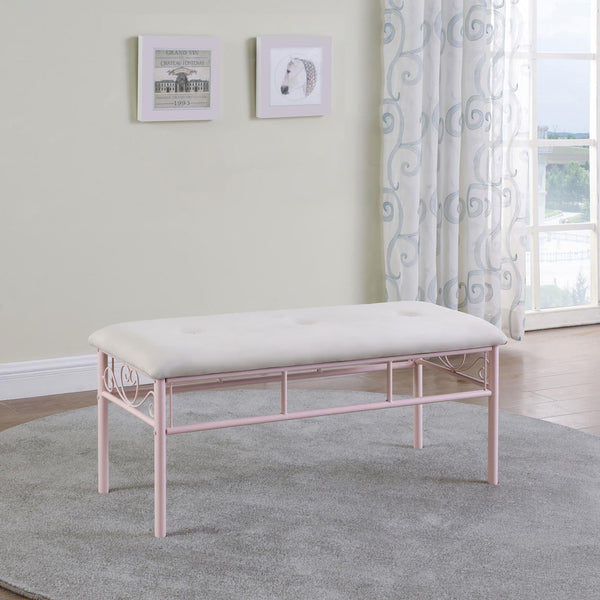 English Elm Powder Pink Bench with Ivory Upholstery and Delicate Scrollwork — Steel Frame, Feminine Charm (97) B062P153592