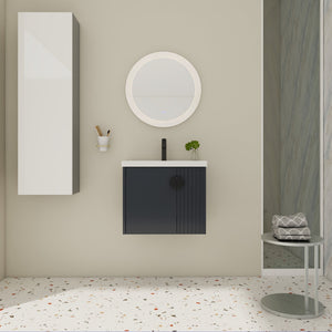 English Elm 24 Inch Wall-Mounted Vanity with Ceramic Sink, Wave Door Accent, Soft-Close Hinges, Eco Plywood Durable Finish Black W999P146017