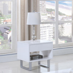 English Elm High Glossy White Modern 1-Drawer End Table with Brushed Nickel U-Legs, Minimalist Gloss Finish, 22"H B062P153594