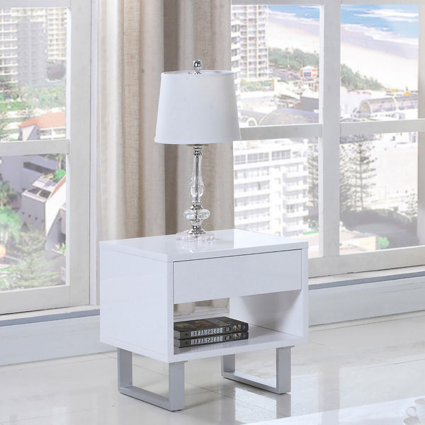 English Elm High Glossy White Modern 1-Drawer End Table with Brushed Nickel U-Legs, Minimalist Gloss Finish, 22"H B062P153594