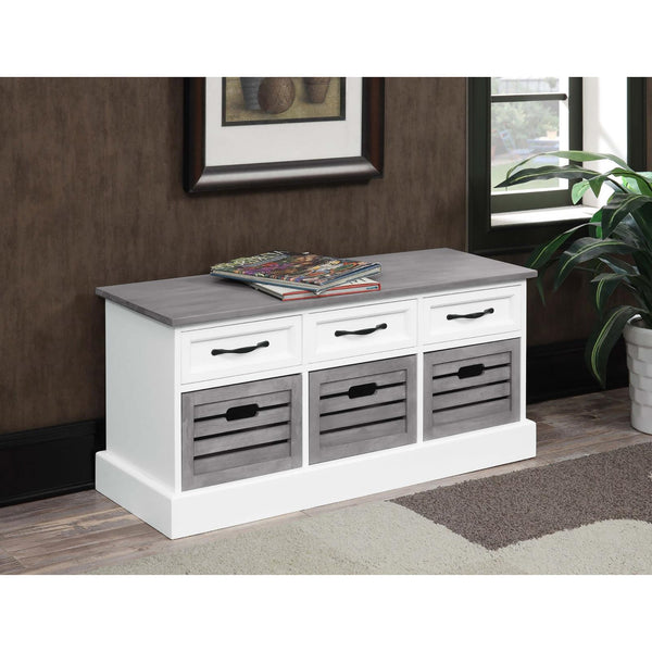 English Elm White 3-Drawer Storage Bench with Weathered Grey Top, Removable Baskets, Rustic Charm & 200lb Limit B062P153583