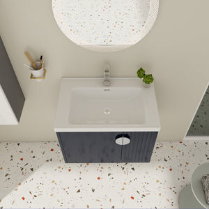 English Elm 28 Inch Wall-Mounted Bathroom Vanity with Ceramic Sink, Wave Dual Doors, Soft-Close Hinges, Durable Finish Black W999P146021