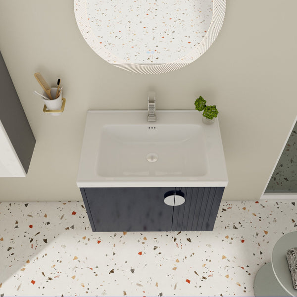 English Elm 28 Inch Wall-Mounted Bathroom Vanity with Ceramic Sink, Wave Dual Doors, Soft-Close Hinges, Durable Finish Black W999P146021