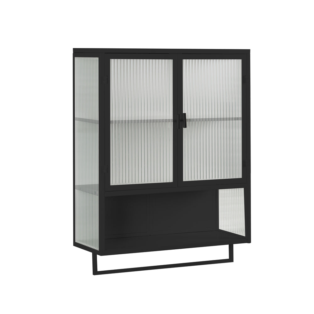 English Elm 23.62"Glass Two-Door Wall Cabinet with Fluted Tempered Glass, Open Shelf, Towel Rack, Modern Storage Black W757143036