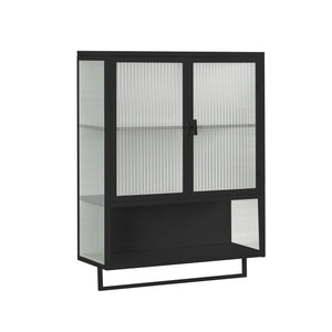 English Elm 23.62"Glass Two-Door Wall Cabinet with Fluted Tempered Glass, Open Shelf, Towel Rack, Modern Storage Black W757143036