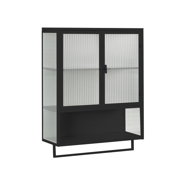 English Elm 23.62"Glass Two-Door Wall Cabinet with Fluted Tempered Glass, Open Shelf, Towel Rack, Modern Storage Black W757143036