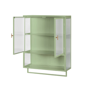 English Elm 23.62"Glass Two-Door Wall Cabinet with Fluted Tempered Glass, Open Shelf, Towel Rack, Modern Storage Green W757143037