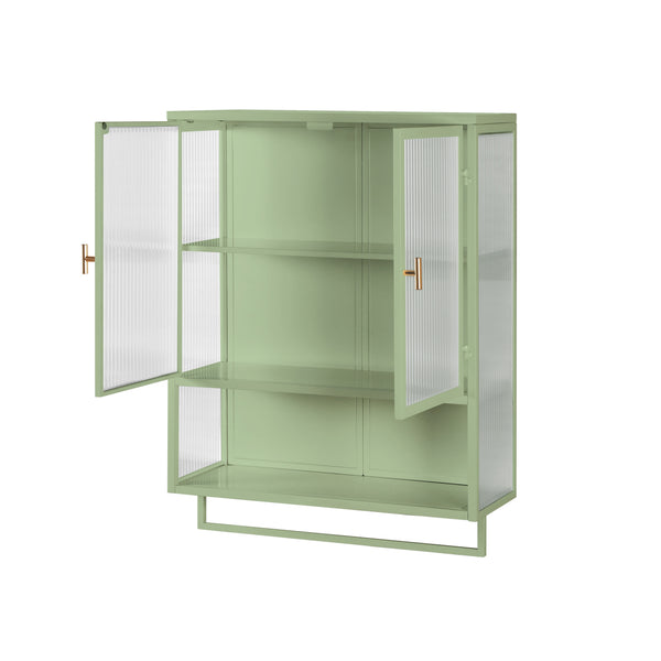 English Elm 23.62"Glass Two-Door Wall Cabinet with Fluted Tempered Glass, Open Shelf, Towel Rack, Modern Storage Green W757143037