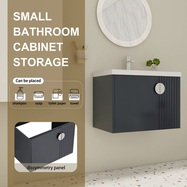English Elm 28 Inch Wall-Mounted Bathroom Vanity with Ceramic Sink, Wave Dual Doors, Soft-Close Hinges, Durable Finish Black W999P146021