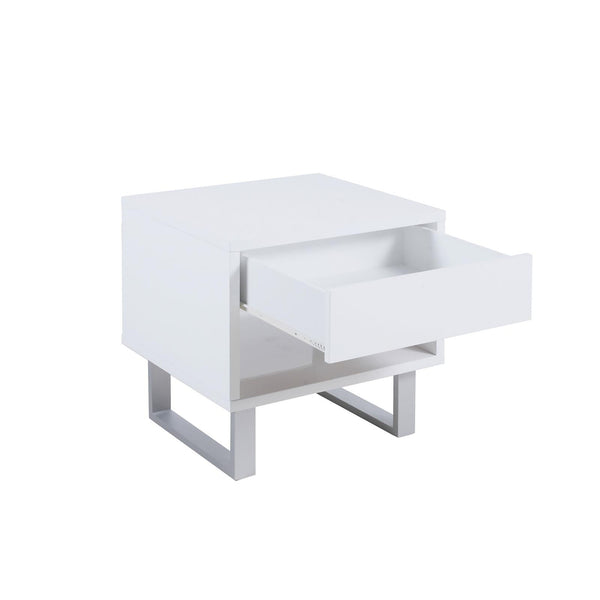 English Elm High Glossy White Modern 1-Drawer End Table with Brushed Nickel U-Legs, Minimalist Gloss Finish, 22"H B062P153594