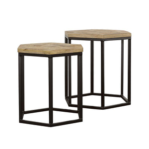 English Elm Natural Hexagon Nesting Tables Set of 2 - Mango Wood Inlay Tops with Black Iron Bases, Rustic Industrial Charm B062P153599