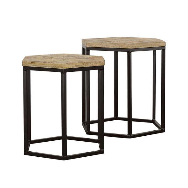 English Elm Natural Hexagon Nesting Tables Set of 2 - Mango Wood Inlay Tops with Black Iron Bases, Rustic Industrial Charm B062P153599