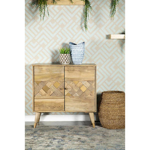 English Elm Natural Mid Century Accent Cabinet with Checkered Diamond Doors, Mango Wood, Gold Feet, 32" Wide B062P153596