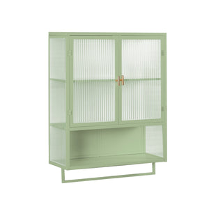 English Elm 23.62"Glass Two-Door Wall Cabinet with Fluted Tempered Glass, Open Shelf, Towel Rack, Modern Storage Green W757143037