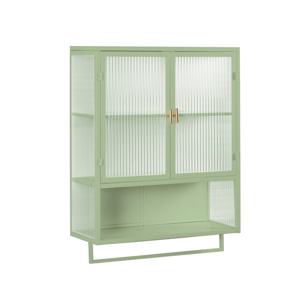 English Elm 23.62"Glass Two-Door Wall Cabinet with Fluted Tempered Glass, Open Shelf, Towel Rack, Modern Storage Green W757143037