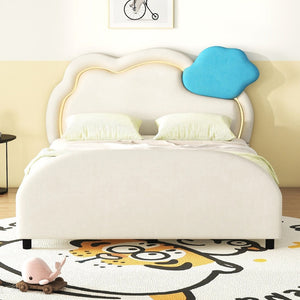 English Elm Full Size Velvet Platform Bed with Cloud Headboard Led Ambient Glow Scalloped Frame WF316217AAA
