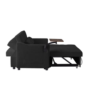 English Elm BLACK Velvet Sofa Bed with Foam Comfort, Solid Wood Frame, Black Legs — Compact 46x40x16.55" Convertible Lounge W588P154122