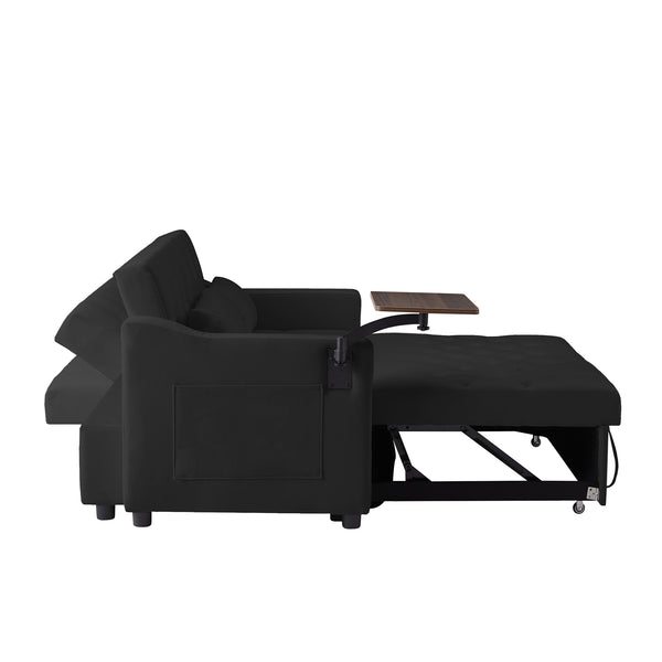 English Elm BLACK Velvet Sofa Bed with Foam Comfort, Solid Wood Frame, Black Legs — Compact 46x40x16.55" Convertible Lounge W588P154122