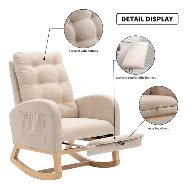 English Elm LY-5104 Plush High-Back Accent Rocking Chair with Footrest, Ergonomic Foam Cushion for Living Spaces Beige W2231P143504