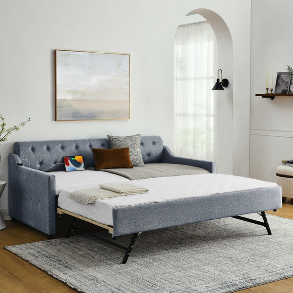 English Elm Twin Size Upholstered Daybed With Erectable Trundle, Usb Charging & Modern Linen Grey Design W1413S00026-GIGA